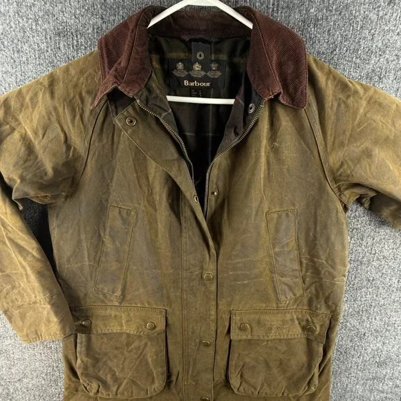 Barbour Acorn Waxed Jacket Women Full Zip Size 8 US Brown Green Lined Outdoors - Picture 1 of 16